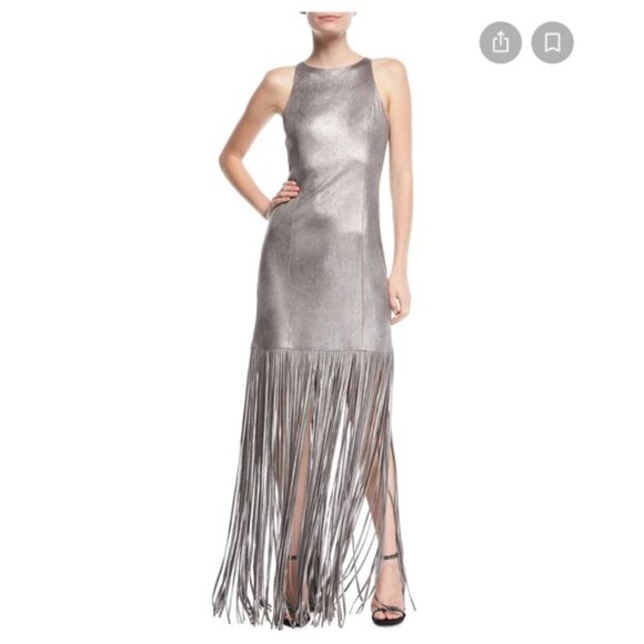 Halston Heritage Gunmetal Fringe Dress Gown, Grey/Silver/Metallic - Picture 2 of 9